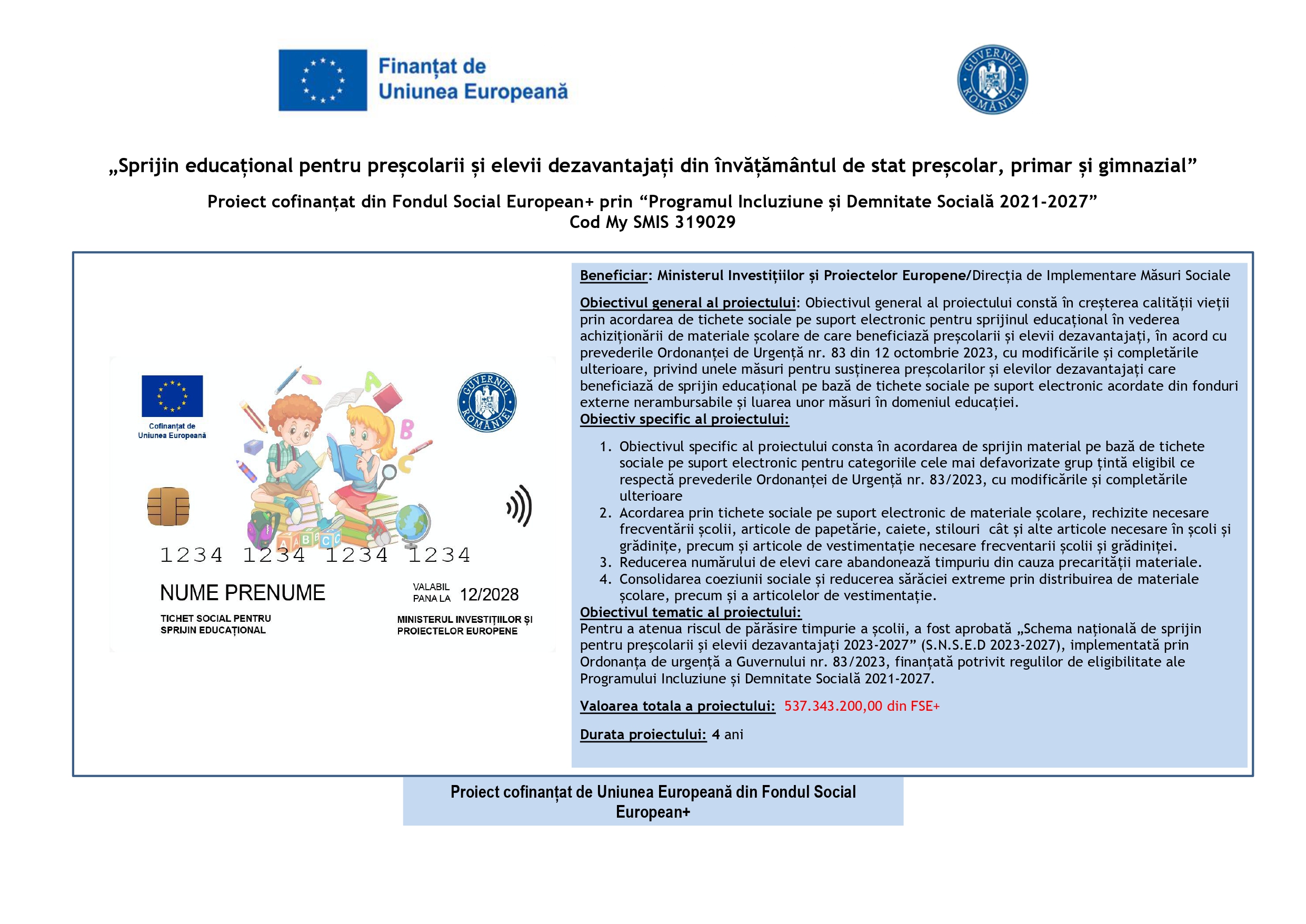 Afiș Proiect cofinanțat de Uniunea Europeană din Fondul Social European+